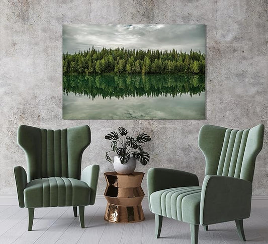 Nature Wall Art Prints - Ocean Forest Mountain Lake Canvas Landscapes - Small to Extra Large Living Room Bedroom Kitchen Bathroom Décor (Forest Reflection, 35L" x 53W")