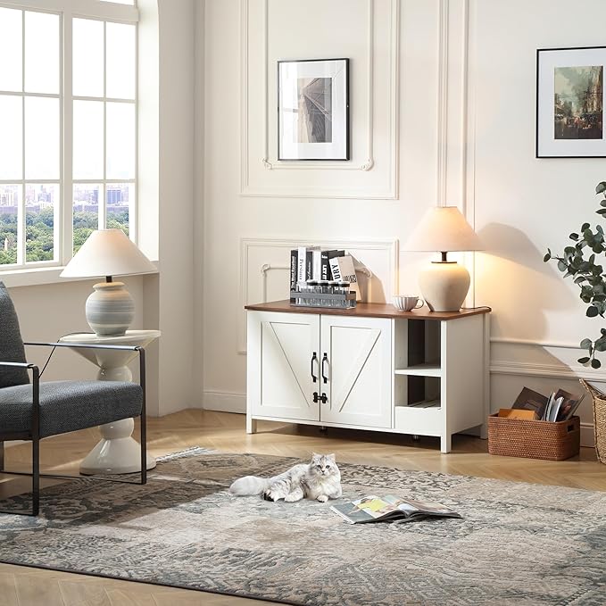 41.3'' Cat Litter Enclosure,Adjustable Shelf for Dog Proof and Storage,Locks Added for Cat, Litter Collector,Small Indoor Cat House,Antique White