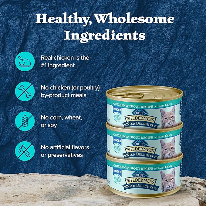 Blue Buffalo Wilderness Wild Delights Minced Wet Cat Food, High-Protein & Grain-Free, Made with Natural Ingredients, Chicken & Trout Recipe in Tasty Gravy, 5.5-oz. Cans (24 Count)
