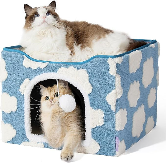 LE SURE Indoor Cat Beds Kitten House - Large Cat Cave for Pet Cube with Fluffy Ball Hanging, Foldable Small Aminal Hideaway, 17 Inches, Cozy Clouds Blue