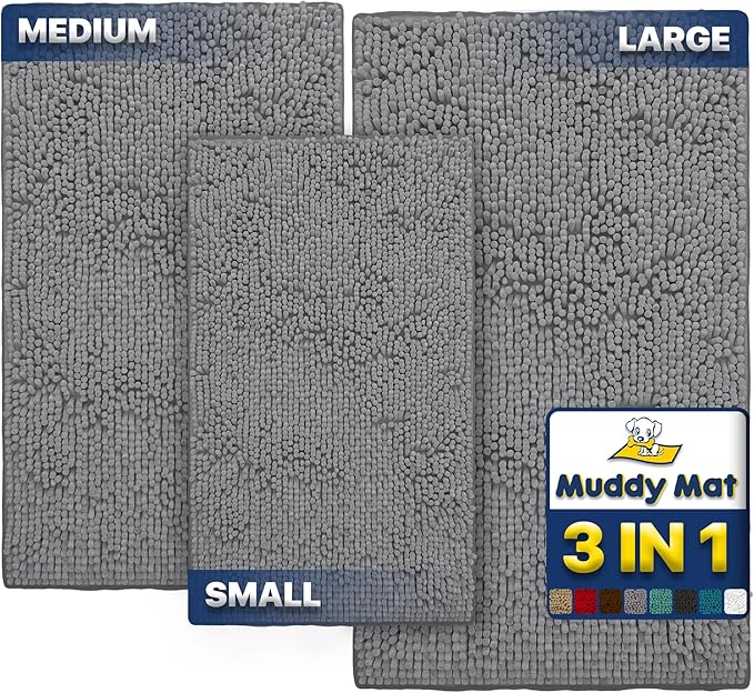 Muddy Mat® Pack of 3 Highly Absorbent Microfiber Dog Door Mat and Pet Rug, Non Slip Thick Washable Area Mat Soft Chenille for Kitchen Bathroom Bedroom and Outdoor - Grey Small, Medium & Large