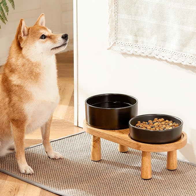 Ceramic Slow Feeder and Water Bowl Set for Small Dogs, Ceramic Dog Bowls Elevated with Wooden Stand, 0.6 Cups Dog Slow Feeder(14oz) and 30oz Water Bowl Set, Black