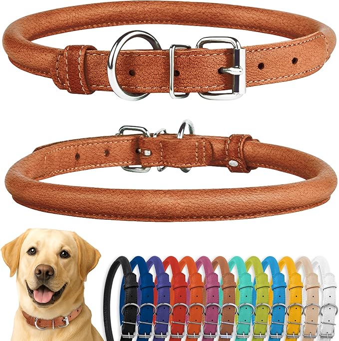 CollarDirect Rolled Leather Dog Collar, Soft Padded Round Puppy Collar, Handmade Genuine Leather Collar Dog Small Large Cat Collars 13 Colors (15-19 Inch, Cinnamon Textured)