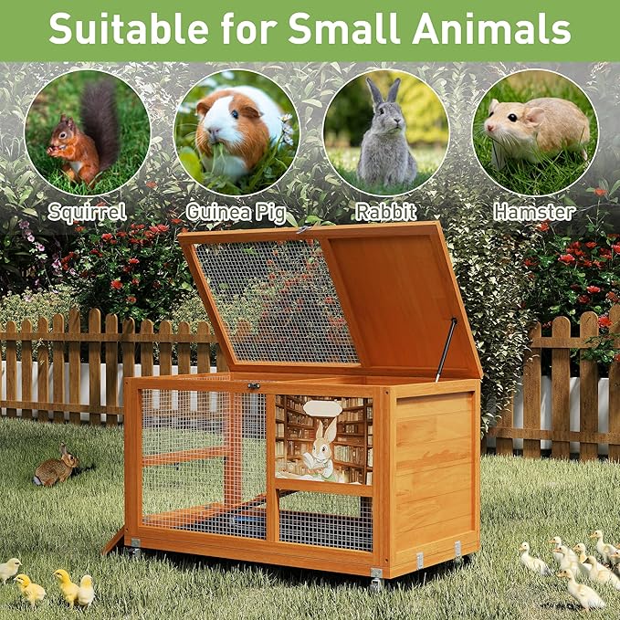 COZIWOW Wooden 36Inches Rabbit Hutch Indoor with Wheels Bunny Cage Outdoor Rabbit Cage with Clean Tray, Openable Roof, Anti-Slip Ramp for Small Bunny (Orange with Pattern)