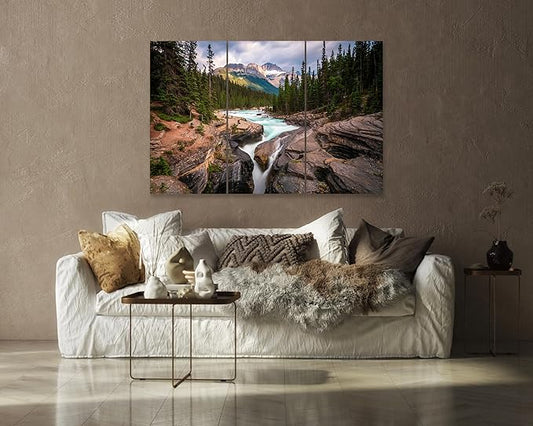Nature Wall Art Prints - Ocean Forest Mountain Lake Canvas Landscapes - Small to Extra Large Living Room Bedroom Kitchen Bathroom Décor (Mountain River Waterfall, 35L" x 53W" - 3 Panels)