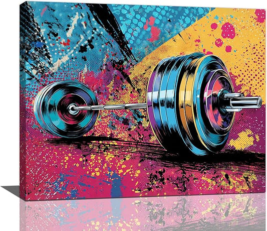 Gym Wall Art Weightlifting Fitness Canvas Wall Decor Barbell Sports Training Pictures Painting Banksy Street Graffiti Print Artwork Framed Decorations Gifts for Sports Lovers Gym Living Room Bedroom 16"x20"