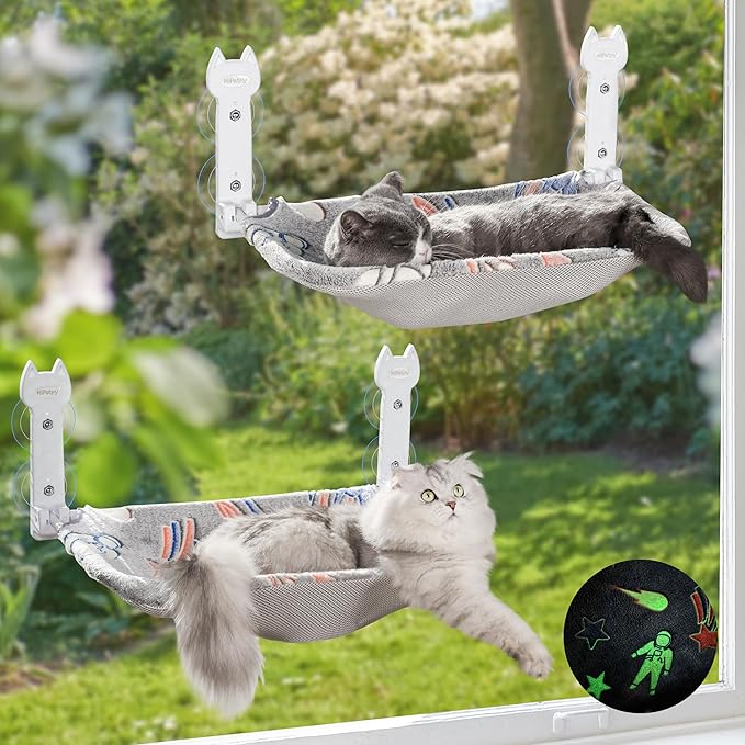 2 Pack Cat Window Perch, Glow in The Dark Foldable Cat Hammock with Sunken Design & Removable Soft Cover, Breathable Cordless Window Bed for Resting Indoor Kitten (Shallow Perch, 2 Pack - L)