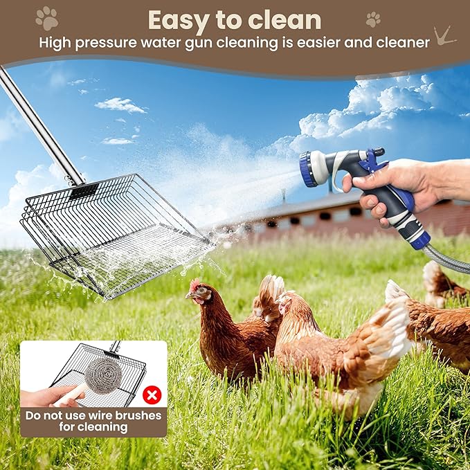 Chicken Poop Scooper for Sand - 10-inch 37 to 63" Long Chicken Coop Scoop with Stainless Steel Handle, Chicken Coop Cleaning Rake for Poop, Large Hen Litter Sifter Shovel