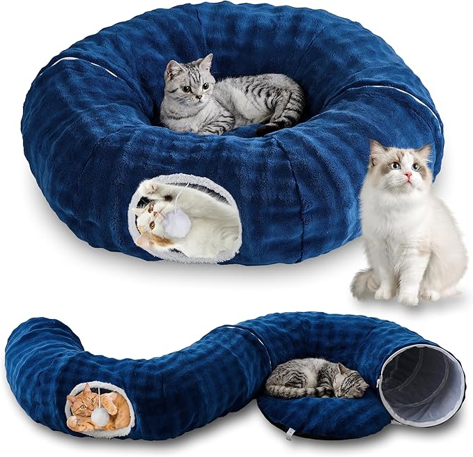 Bubble Cat Tunnel for Indoor Cats, Round Peekaboo Cave Toy with Dangling Balls, Donut Tunnel Bed with Circle Mat for Puppy Kitten Rabbit, Navy Blue