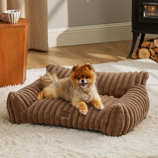 Bedsure Cute Cat Couch for Pets - Fluffy Small Dog Sofa with Premium Soft Corduroy Fleece, Pet Sofa with Removable Washable Cover, Supportive Dog Couch Bed for Small Medium Dogs, 30inch, Copper Brown