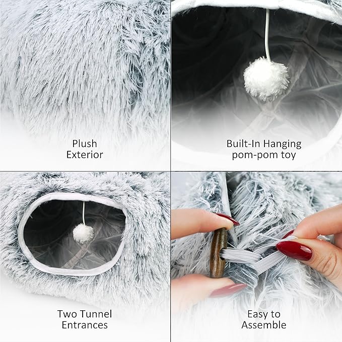 Cat Donut Bed with Washable Cushion – Cat Caves for Indoor Cats – Collapsible Donut Bed with Peekaboo Pet Tunnel & Tunnel Toy – Cozy Hideout for Kittens, Ferrets, Rabbits & Dogs – Grey