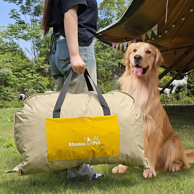 Portable Waterproof Dog Mat for Camping, Patio & Travel - Foldable Outdoor Dog Bed with Teflon Shell & Removable Plush Pad - Easy Clean, Durable - L (Khaki)