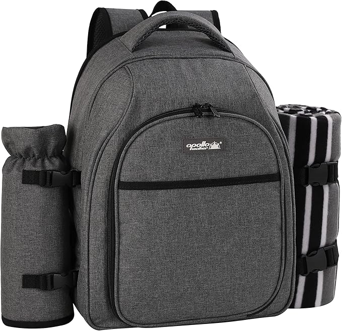 apollo walker Picnic Backpack Bag for 2 Person with Cooler Compartment, Detachable Bottle/Wine Holder, Fleece Blanket, Plates and Cutlery Set (2Person,Grey)