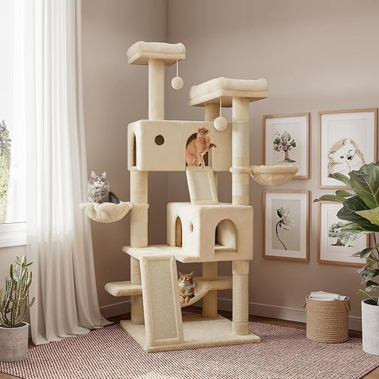 SHA CERLIN 65in Larger Cat Tree Tower Condo for Indoor Kitties/Multi-Level Furniture Activity Center with Wide Base/Cozy Plush Cat Perches/Baskets/Sisal Scratching Posts and Hammock/Beige