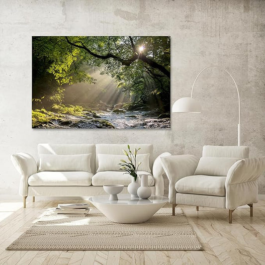 Nature Wall Art Prints - Ocean Forest Mountain Lake Canvas Landscapes - Small to Extra Large Living Room Bedroom Kitchen Bathroom Décor (Rocky River in the Woods, 24L" x 36W")