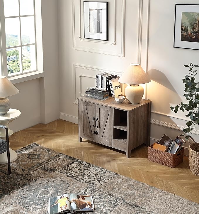 31.9'' Small Cat Litter Enclosure,Adjustable Shelf for Dog Proof and Storage,Locks Added for cat,Cat Litter Collector,Small Indoor Cat House,Grey