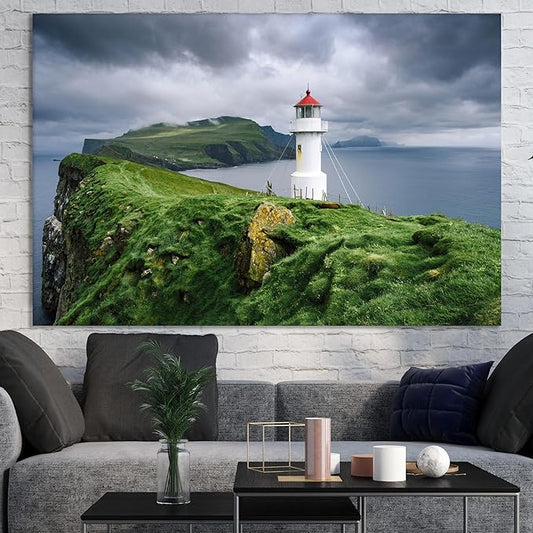 Nature Wall Art Prints - Ocean Forest Mountain Lake Canvas Landscapes - Small to Extra Large Living Room Bedroom Kitchen Bathroom Décor (Stormy Sky Lighthouse, 31L" x 47W")