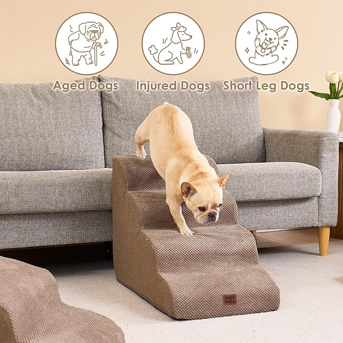 EHEYCIGA Curved Dog Stairs Ramp for High Beds 19.7" H, 4-Step Dog Steps for Small Dogs and Cats, Pet Stairs for High Bed Climbing, Non-Slip Balanced Pet Step Indoor, Camel