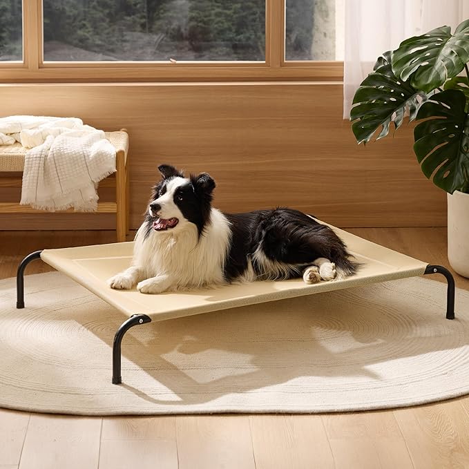 Bedsure Outdoor Elevated Dog Bed Large Sized Dog, Portable Indoor & Outdoor Cooling Raised Cot Pet Hammock Bed with Skid-Resistant Feet, Frame with Breathable Mesh, Khaki, 49 inches