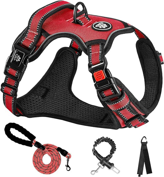 NESTROAD No Pull Dog Harness,Adjustable Oxford Dog Vest Harness with Leash,Reflective No-Choke Pet Harness with Easy Control Soft Handle for Small Medium Dogs(Medium,Red)