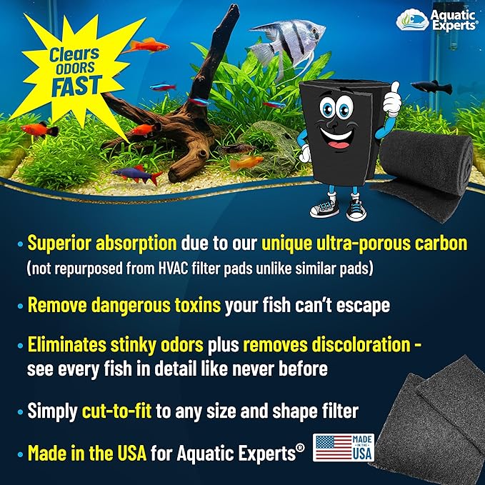 Aquarium Carbon Pad - Cut to Fit Carbon Infused Filter Pad Media for Crystal Clear Fish Tank and Ponds (24 Inch Width, 72 Inch Long)