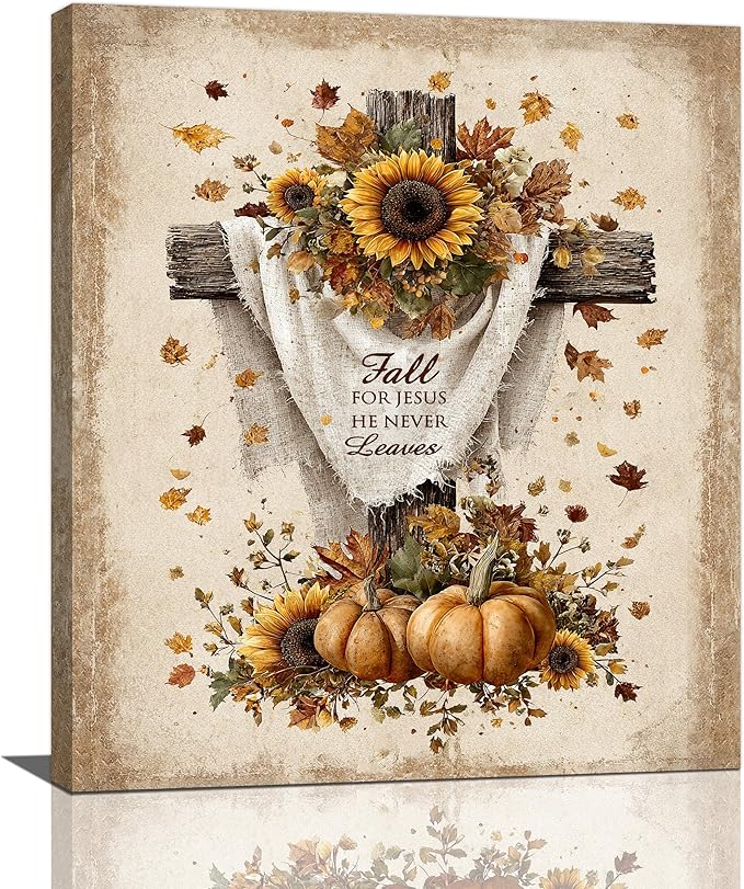 Christian Fall Wall Art Autumn Rustic Cross Sunflower Pumpkin Wall Decor Fall for Jesus He Never Leaves Pictures Painting Print Framed Artwork Decorations Gifts for Living Room Bedroom Prayer Room Office 20"x24"