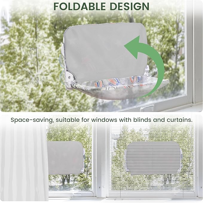 Cat Window Perch, Glow in The Dark Foldable Cat Hammock with Sunken Design & Removable Soft Cover, Breathable Cordless Window Bed for Resting Indoor Kitten (Shallow Perch, 1 Pack - M)