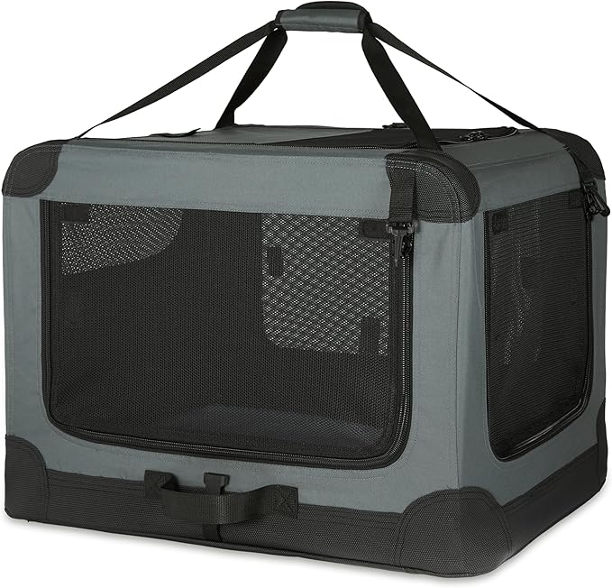 Amazon Basics 4-Doors Portable Soft-Sided Folding Travel Crate Kennel for cat, Dog, and Other Small Animals, Grey, L 36" x 24" x 24"