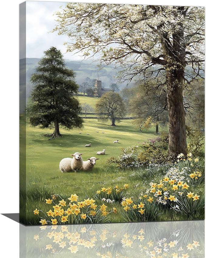Country Sheep Canvas Wall Decor Farmhouse Rustic Lamb Wildflower Wall Art Nature Countryside Landscape Pictures Painting Print Framed Artwork Decorations for Bathroom Living Room Bedroom 16"x20"