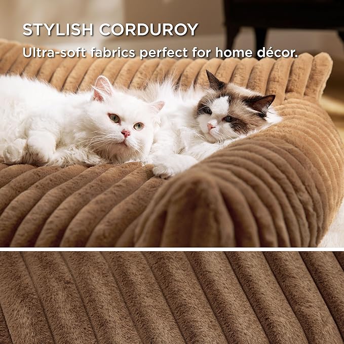 Bedsure Cute Cat Couch for Pets - Fluffy Cat Sofa with Premium Soft Corduroy Fleece, Fuzzy Pet Couch Bed with Removable Washable Cover, Supportive Pet Chair for Indoor Cats, 24inch, Copper Brown
