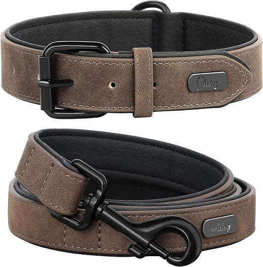 Didog Soft Padded Leather Dog Collar and Leash Set, Adjustable Dog Leash and Collar Set with Metal Buckle, Breathable Dog Collars with 4FT Leather Dog Leash for Small Medium Large Dogs, Brown, L