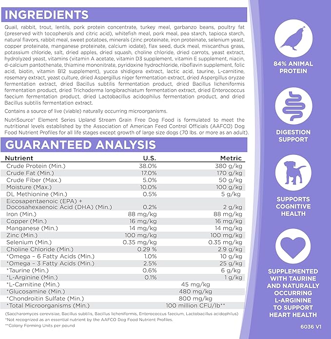 NutriSource Element Series Upland Stream Dry Dog Food, Quail, Rabbit & Trout, 12LB