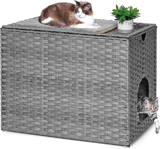 Cat Litter Box Enclosure with Litter Trapping Mat; Handwoven Plastic Rattan Cat House; No Installation Hidden Cat Washroom; Pet Crate for Balcony,Bedroom,Living Room