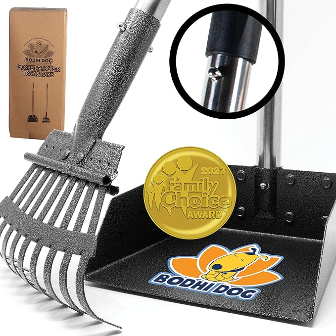Bodhi Dog Pooper Scooper for Small to Large Dogs - Heavy Duty Metal Long Handle Tray & Rake Poop Scoop - Durable, Rust-Resistant, Great for Grass, Streets, Gravel & Outdoor Cleanups