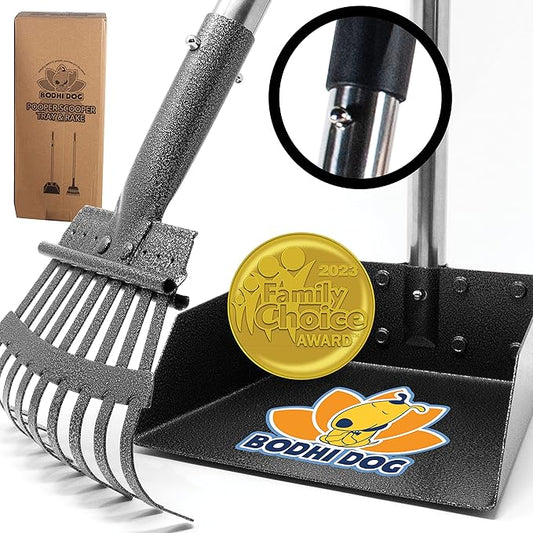Bodhi Dog Pooper Scooper for Small to Large Dogs - Heavy Duty Metal Long Handle Tray & Rake Poop Scoop - Durable, Rust-Resistant, Great for Grass, Streets, Gravel & Outdoor Cleanups