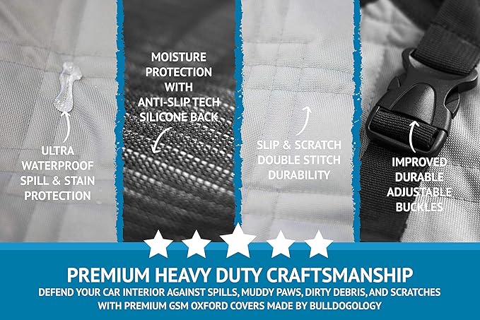 Bulldogology Dog Car Seat Cover Waterproof Heavy Duty Bench Dog Hammock Backseat Protector from Hair, Muddy Paws, Scratches - Pet Car Seat Cover for Cars Trucks SUVs (Large, Grey)