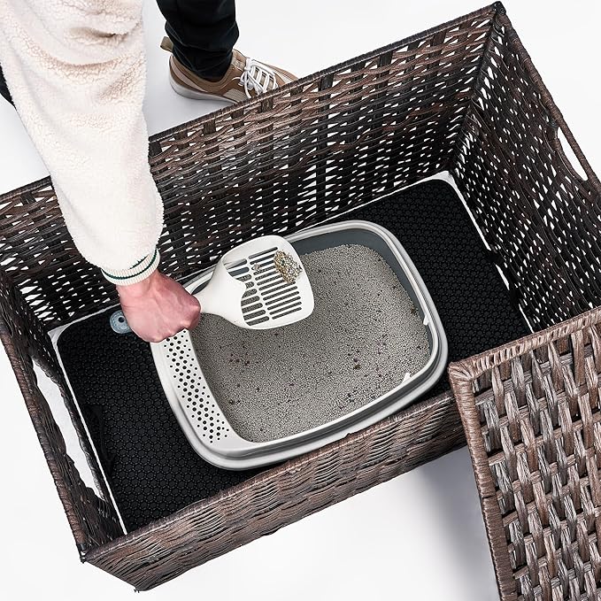 Cat Litter Box Enclosure with Litter Trapping Mat; Handwoven Plastic Rattan Kitten House; No Installation Hidden Cat Washroom; Pet Crate for Balcony,Bedroom,Living Room