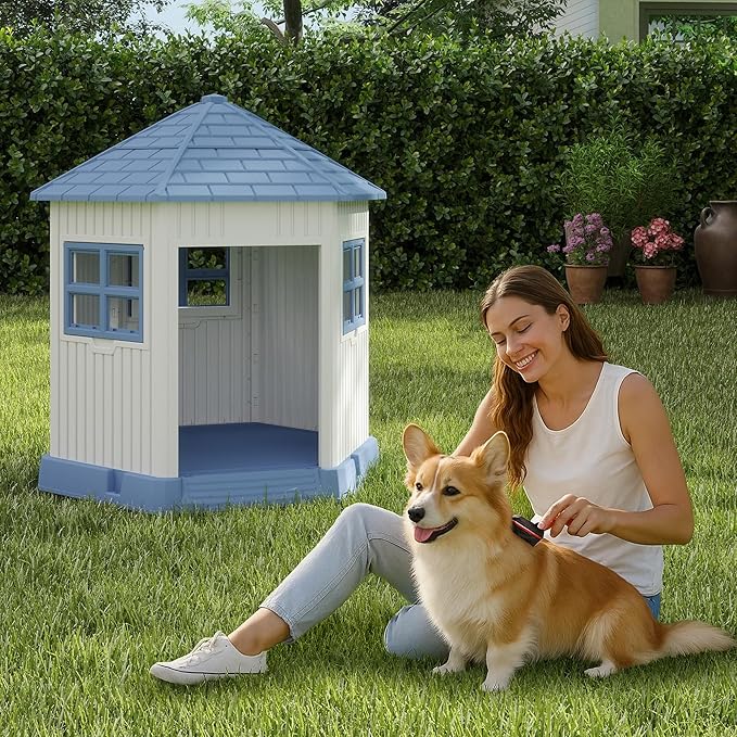 DRATO Dog House Indoor Outdoor Durable Large Dog Shelter with Outside Dog Kennel with Window and Elevated Floor for Small Medium Dogs (Blue, 34.8 * 30.51 * 36.89)