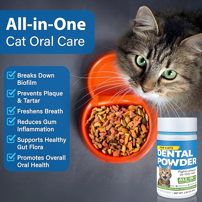 Cat Dental Care Powder Bad Breath Treatment for Cats Teeth, Mouth, Gums & Gut, Plaque Off,Tartar Control, Help Feline Gingivitis and Stomatitis, with Natural Extracts & Probiotics