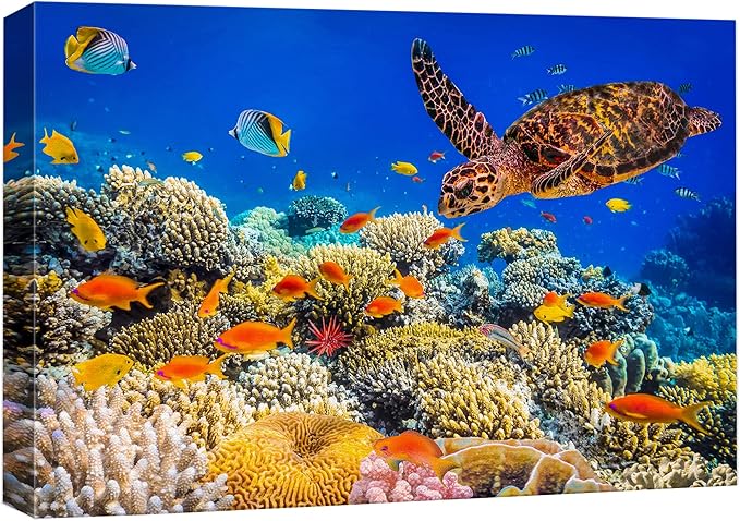 wall26 Canvas Print Wall Art Neon Coral Reef Blue Hippo Tang Fish Turtle Nature Animals Photography Realism Rustic Scenic Landscape Wilderness Colorful for Living Room, Bedroom, Office - 16"x24"