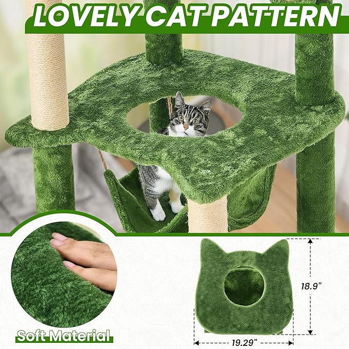 55 Inch Large Cat Tree Tower for Indoor Cats with Hammock Green Leaves Sisal Scratching Post, Plush Hang Ball Play Furniture for Kittens & Adult Cats,New Green