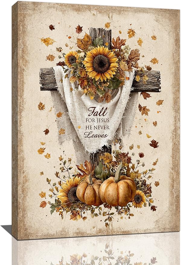 Christian Fall Wall Art Autumn Rustic Cross Sunflower Pumpkin Wall Decor Fall for Jesus He Never Leaves Pictures Painting Print Framed Artwork Decorations Gifts for Living Room Bedroom Prayer Room Office 16"x24"
