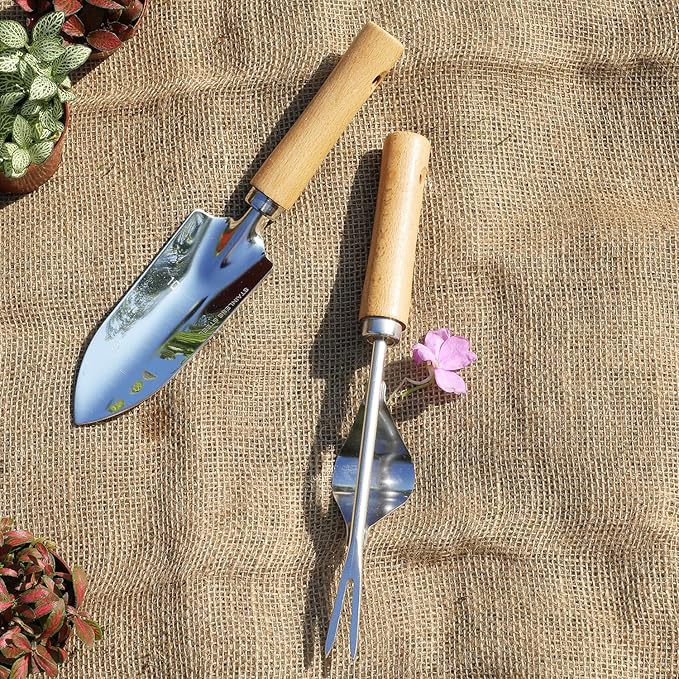 Garden Tool Set, 2 Pieces Stainless Steel Heavy Duty Garden Tools, Garden Kit with Ergonomic Wooden Handle, Durable Garden Tools for Gardening, Gardening Gifts for Women