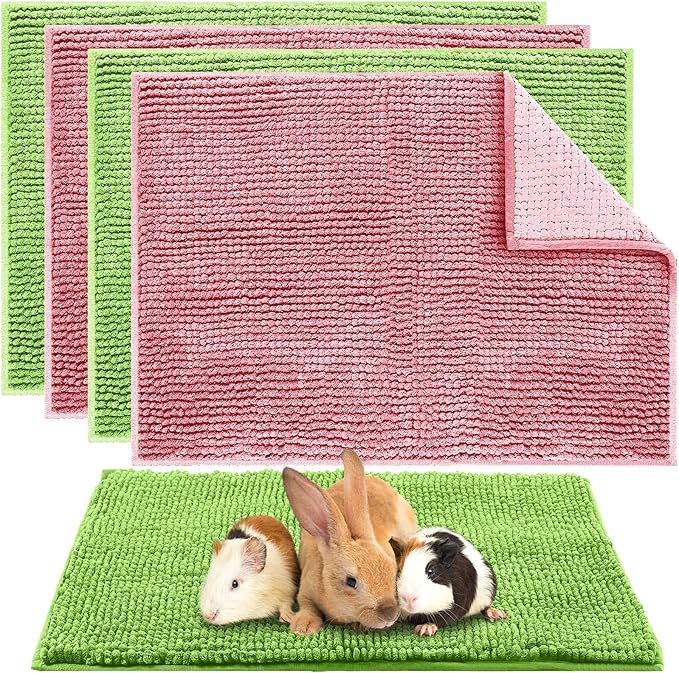 Amylove 4 Pcs Guinea Pig Cage Liner Guinea Pig Bedding Washable Fleece Pee Pads Reusable Small Animals Training Mat Small Animal Sleeping Bed for Bunny Hamster (Green Pink,16 x 24 Inch)