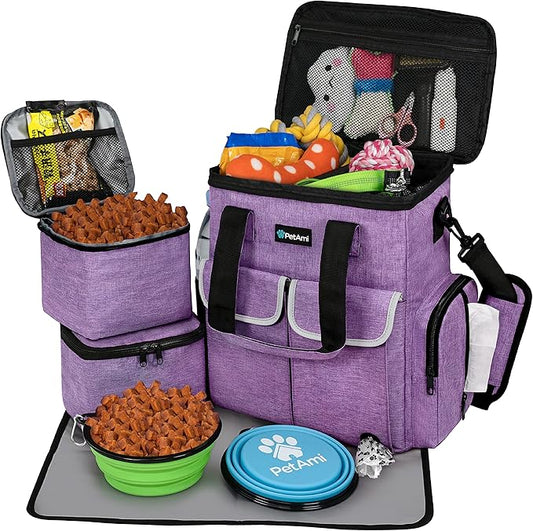 PetAmi Dog Travel Bag Pet Supplies Accessories Organizer for Traveling, Camping, Weekend; Cat Pet Travel Bag Kit Includes 2 Food Storage Containers, 2 Collapsible Bowls, 1 Feeding Mat (Purple)