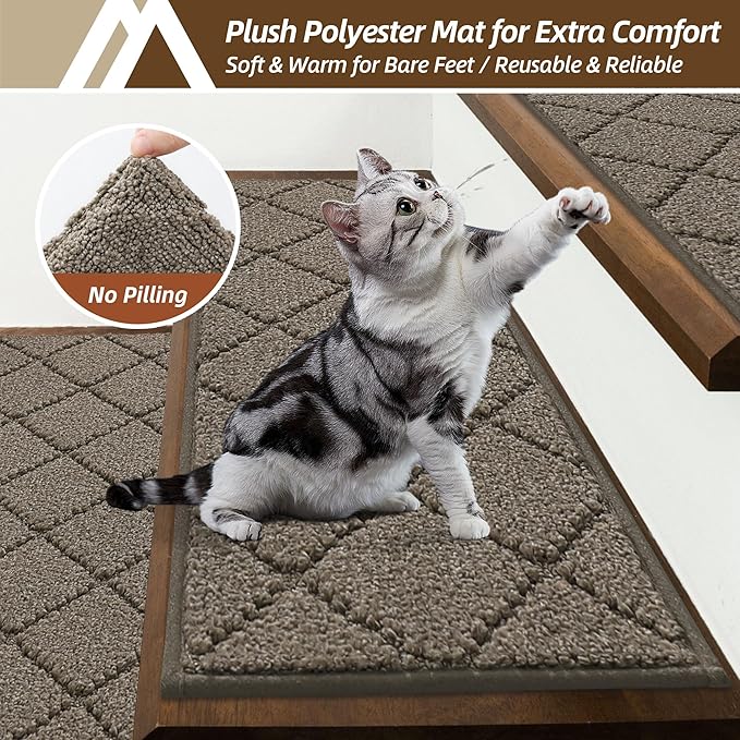 COSY HOMEER Stair Treads for Wooden Steps 9"x28" Washable Indoor Carpet Stair Treads Non Slip Soft Polyester Stair Carpet Tread Reusable Stair Runner Rugs for Kids, Elders,Pets,Light Brown,10pcs