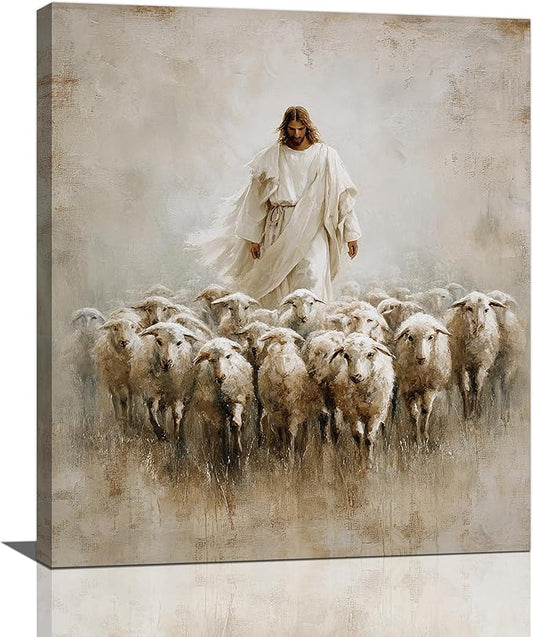 Jesus and Lamb Wall Art Christian Jesus Lamb Canvas Wall Decor Christ Religious Pictures painting Print Framed Artwork Decorations Gifts for Living Room Bedroom Prayer Room Church 24"x20"