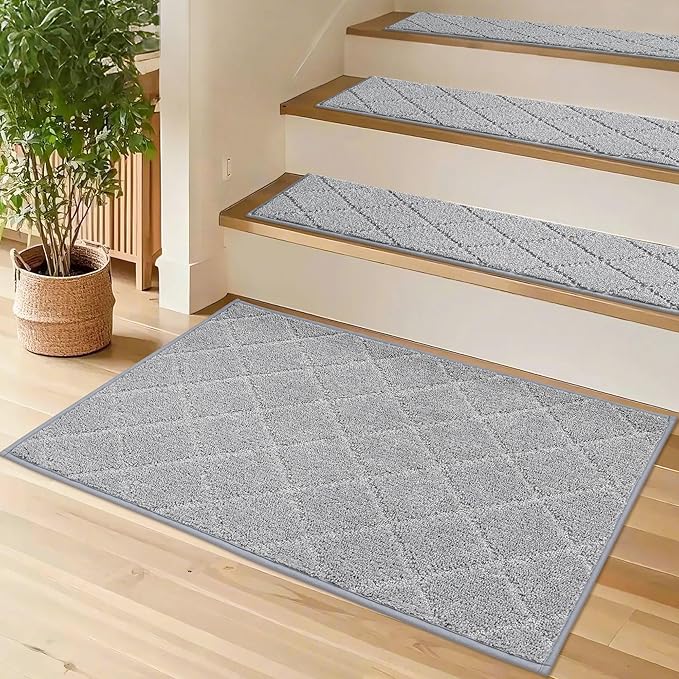 COSY HOMEER Edging Stair Treads Non-Slip Corner Indoor Stair Runners for Wooden Steps,Landing Slip Resistant Stair Rugs for Kids and Dogs, 100% Polyester TPE Backing,Grey,20"X32"