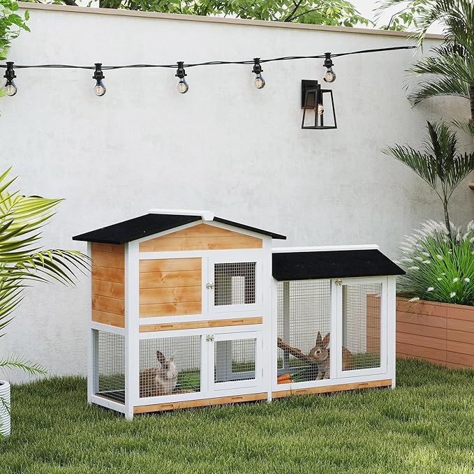 PawHut 62" Rabbit Hutch, Wooden Bunny Hutch, Guinea Pig Cage, Small Animal Enclosure with Run Area, Removable Tray, Asphalt Roof, Lockable Doors and Ramp, Nature Wood