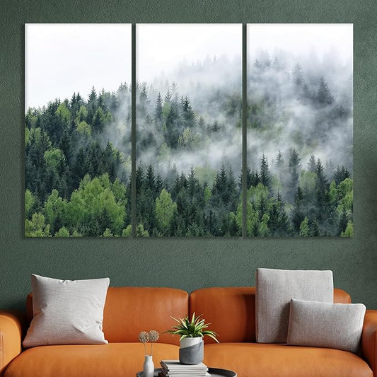 Nature Wall Art Prints - Ocean Forest Mountain Lake Canvas Landscapes - Small to Extra Large Living Room Bedroom Kitchen Bathroom Décor (Pine Trees in Fog, 35L" x 53W" - 3 Panels)